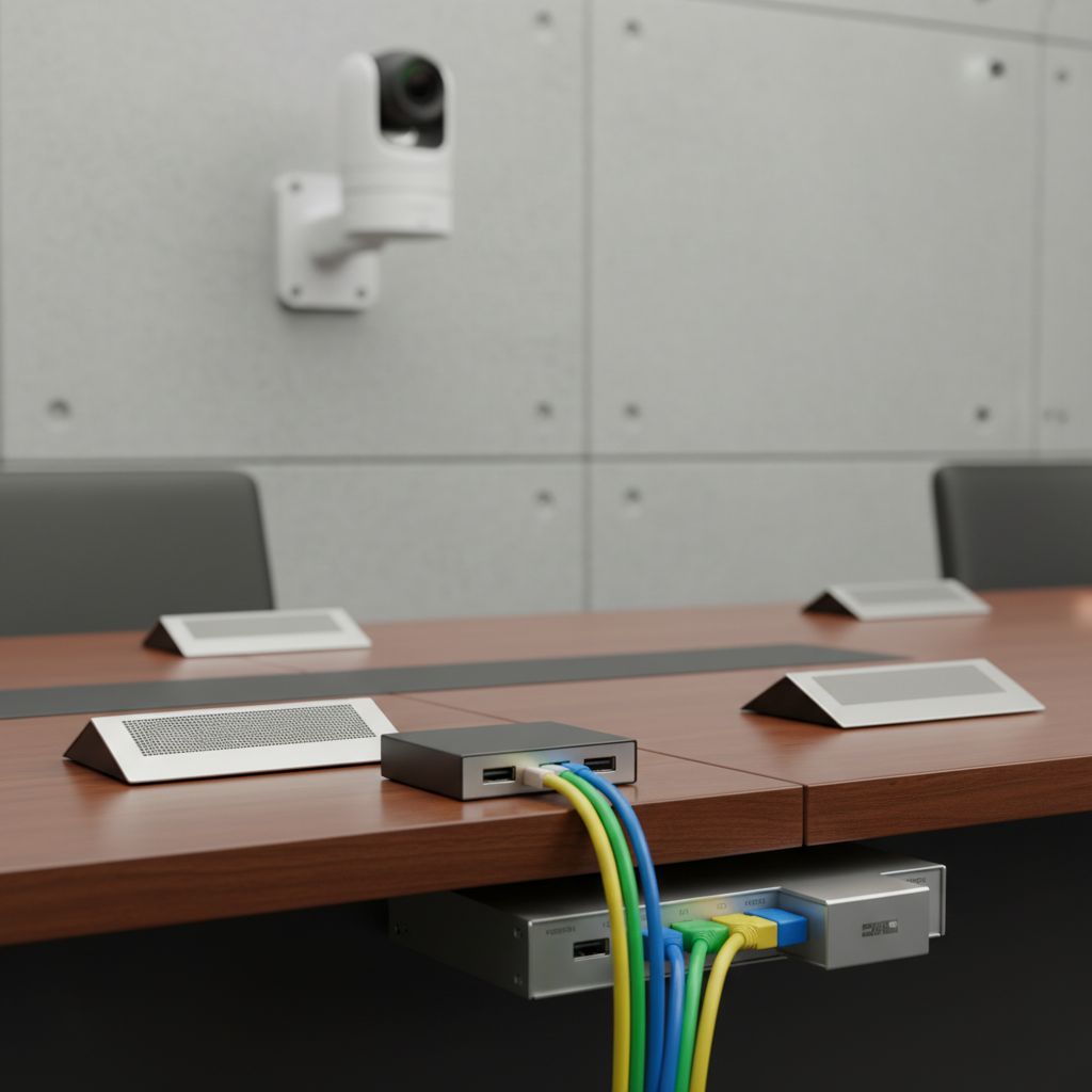 Close-up of conference room microphones and USB-C hub for reliable meeting AV connectivity in a conference room setup guide