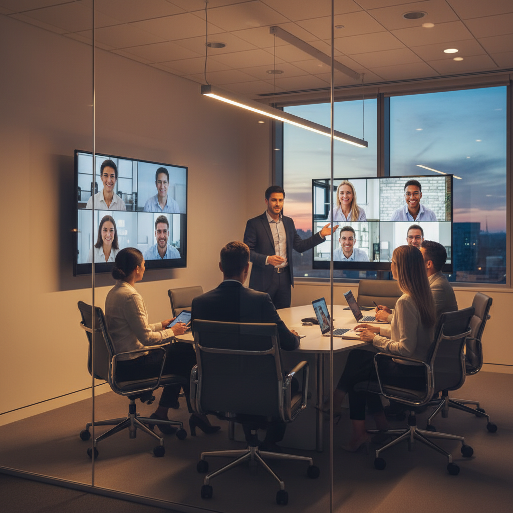 Hybrid presentation scene showing remote participants on screen and balanced room lighting at a Mississauga conference venue