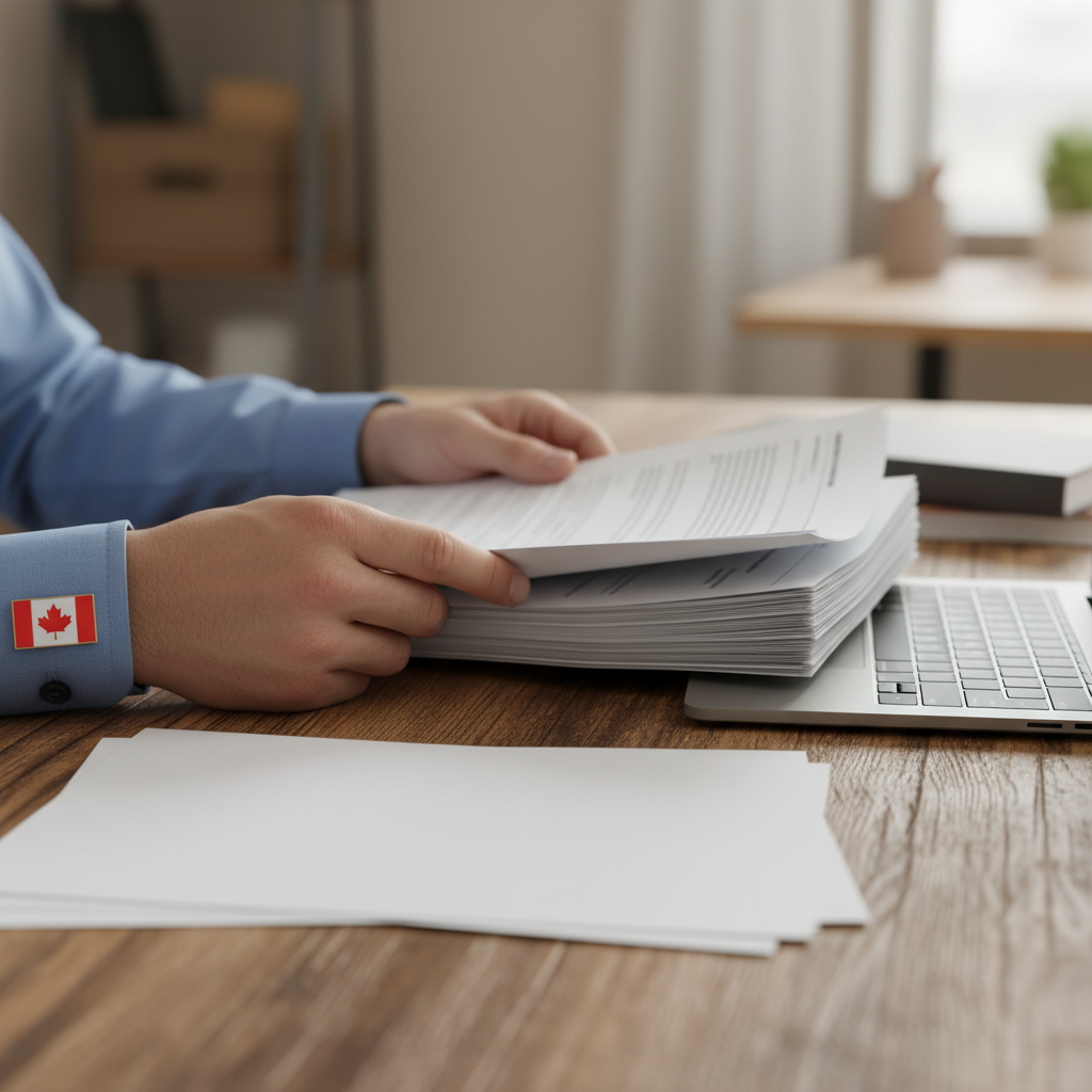 Close-up of HR organizing corporate immigration files and Canadian work permit documents with a flag pin, supporting corporate immigration lawyer workflows