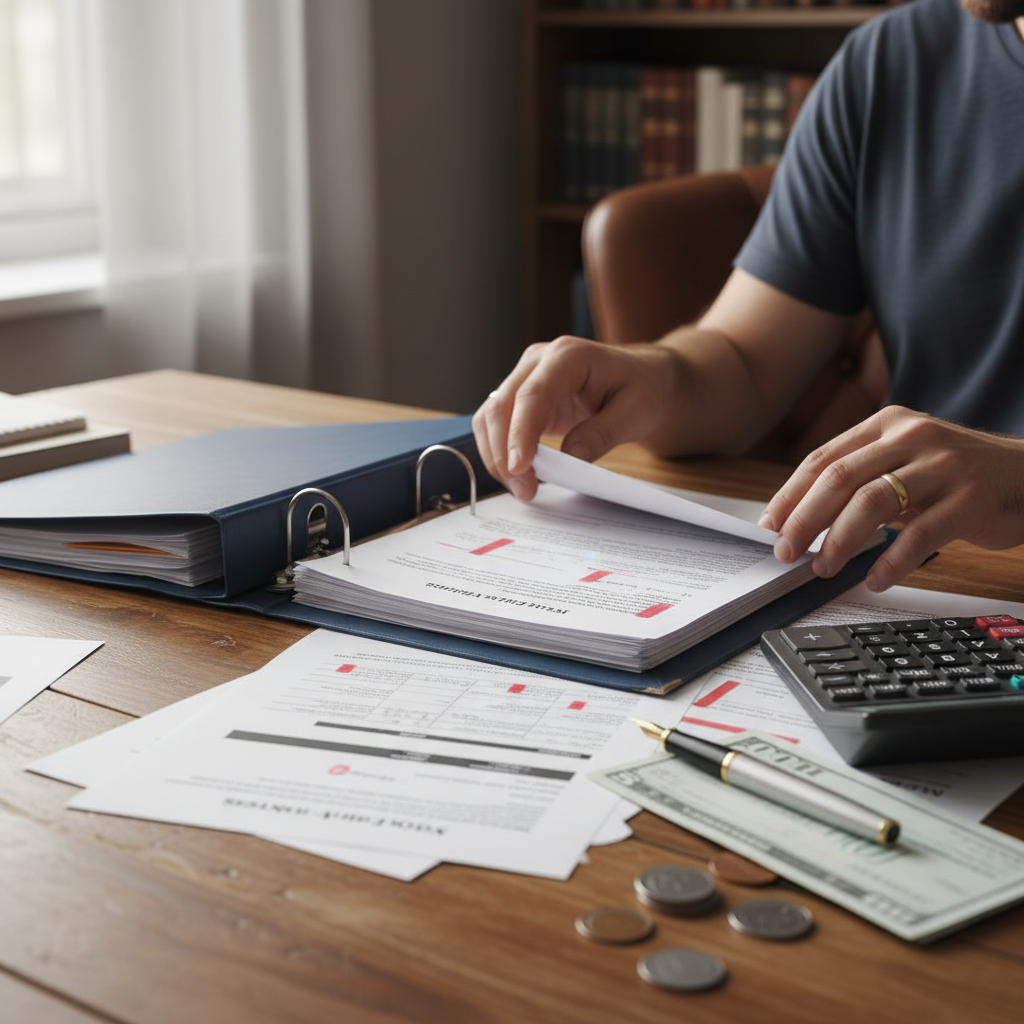 Close-up of organized spousal support paperwork, calculator, and pen prepared for a lawyer for spousal support consultation in Brampton