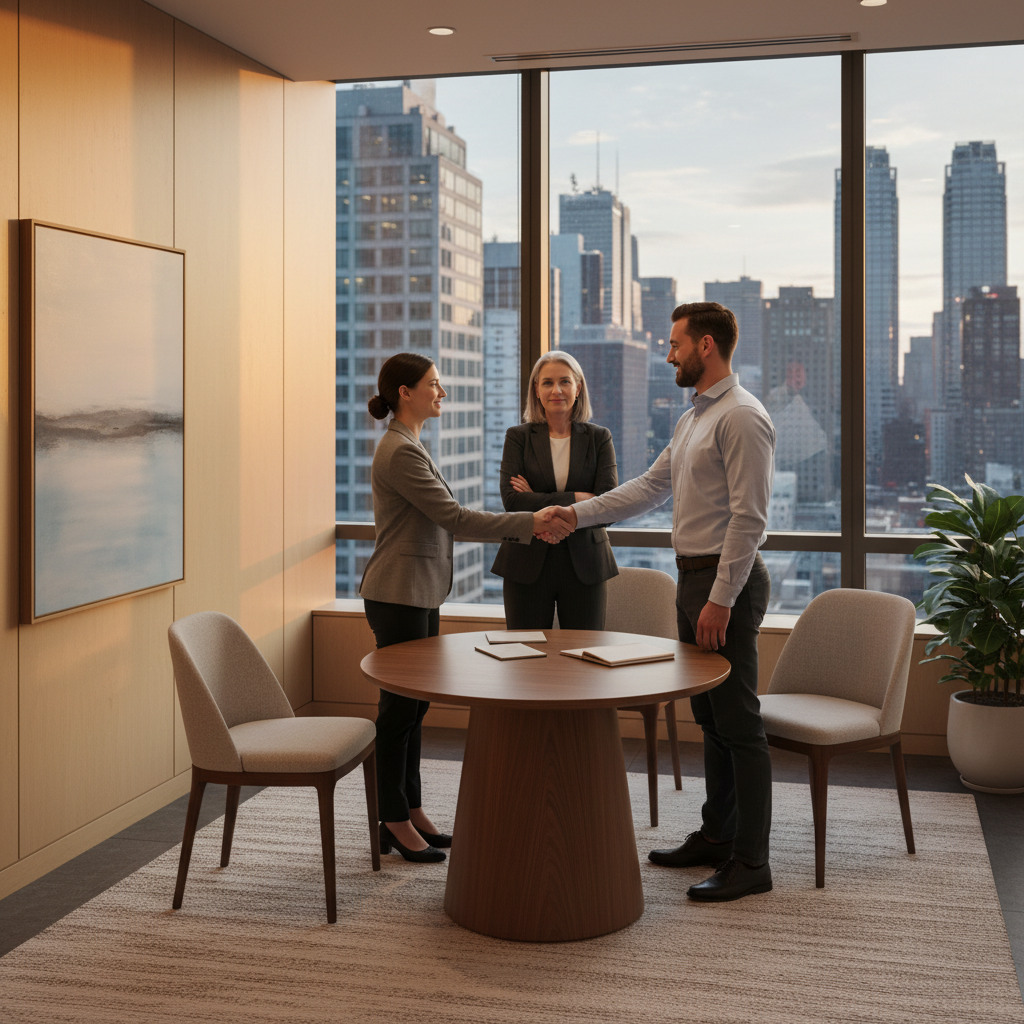 Mediation room scene in a Canadian office where a family lawyer facilitates a spousal support settlement