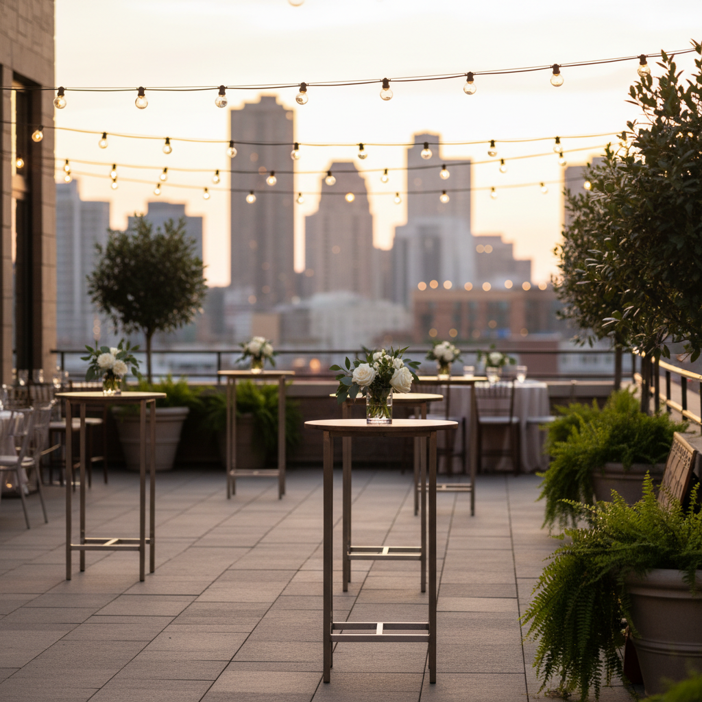 Outdoor patio event setup at dusk with string lights and cocktail tables at Mississauga Convention Centre, illustrating layout and timeline planning