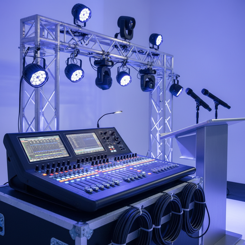 Close-up of professional event AV console and lighting gear illustrating venue pricing factors for AV scope at Mississauga Convention Centre