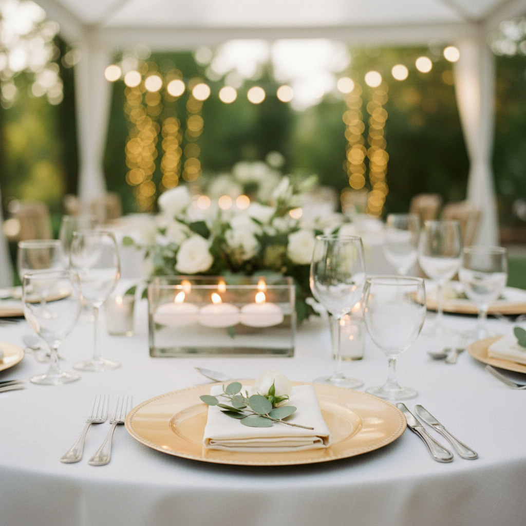 Elegant outdoor patio table setting for wedding reception with white linens, gold charger, crystal glassware, and greenery in Mississauga