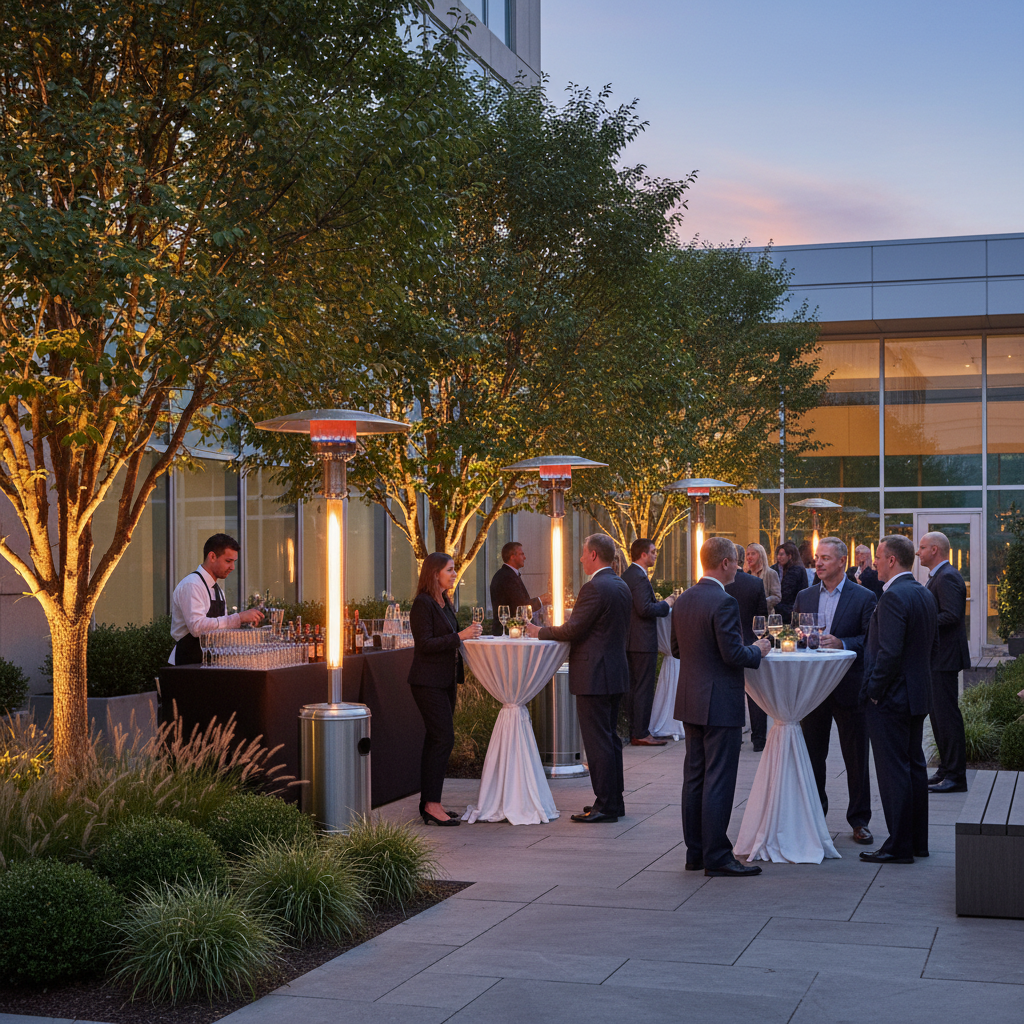 Corporate cocktail hour on landscaped patio at dusk with portable heaters, uplighting, and guests mingling in Mississauga