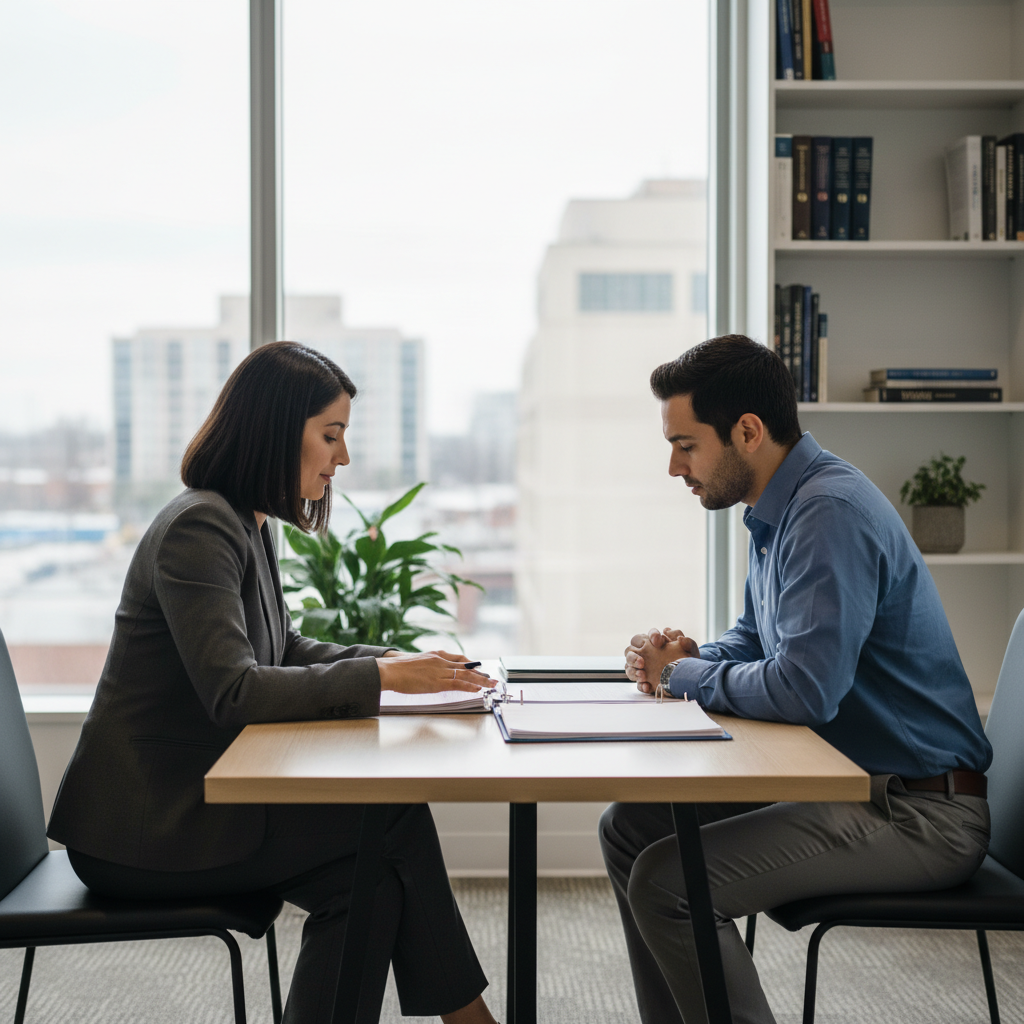 Client consultation in a Brampton law office discussing Federal Court appeals in Canada with a lawyer, reviewing documents in natural daylight