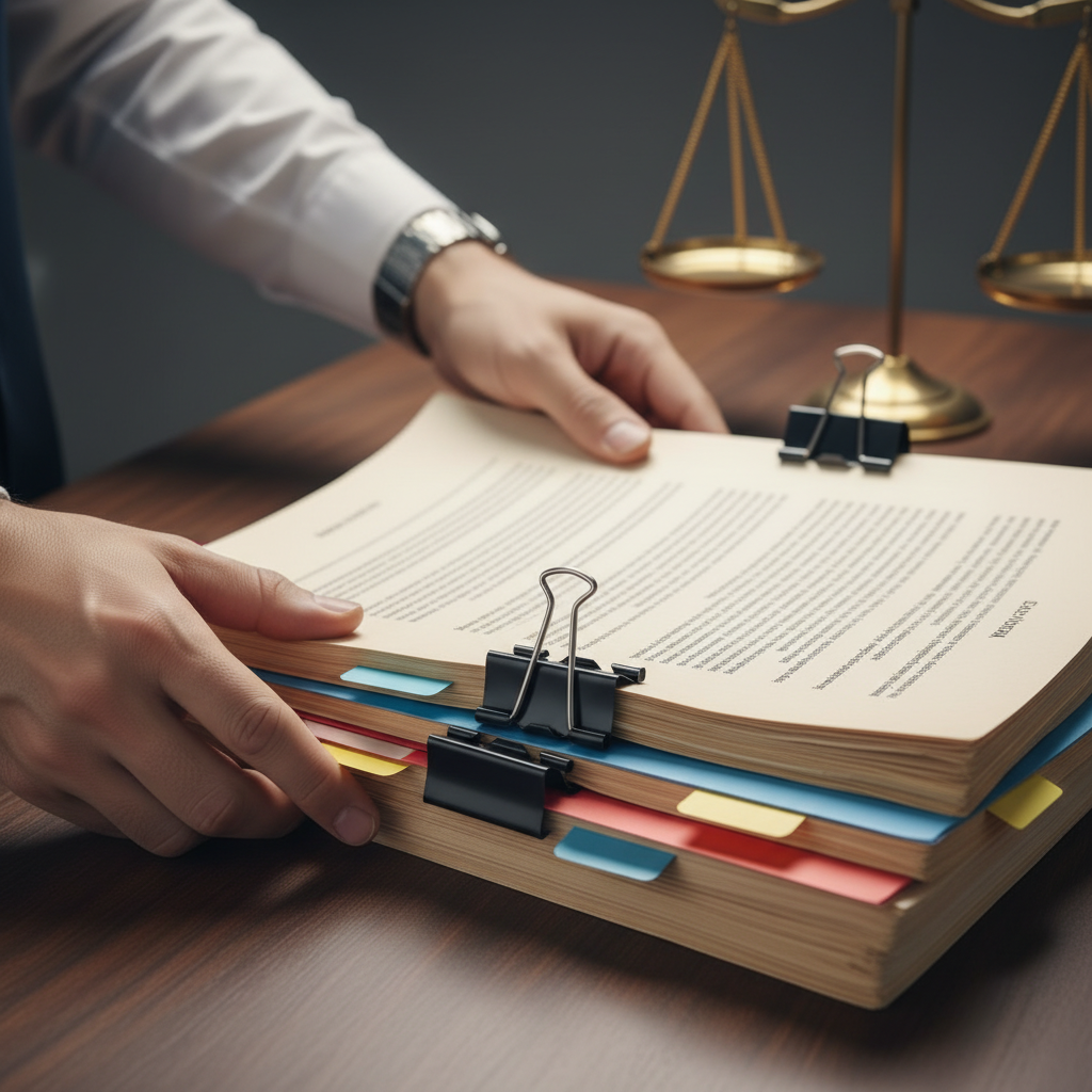 Close-up of lawyer preparing Federal Court appeal materials with tabbed folders and legal scales, reflecting best practices for Federal Court appeal in Canada