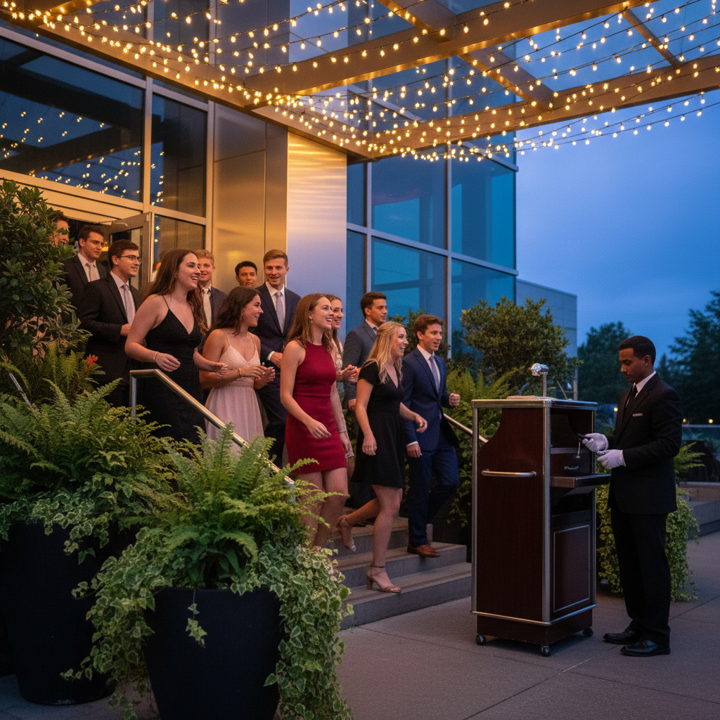 Students arriving under string lights at a modern prom venue entrance in Mississauga, illustrating transportation and parking checks on the school prom venue checklist