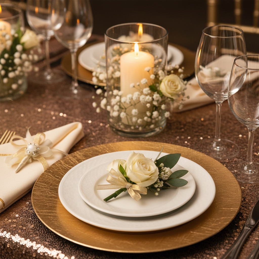 Close-up prom place setting for school prom venue checklist with gold charger, crystal glassware, and floral corsage