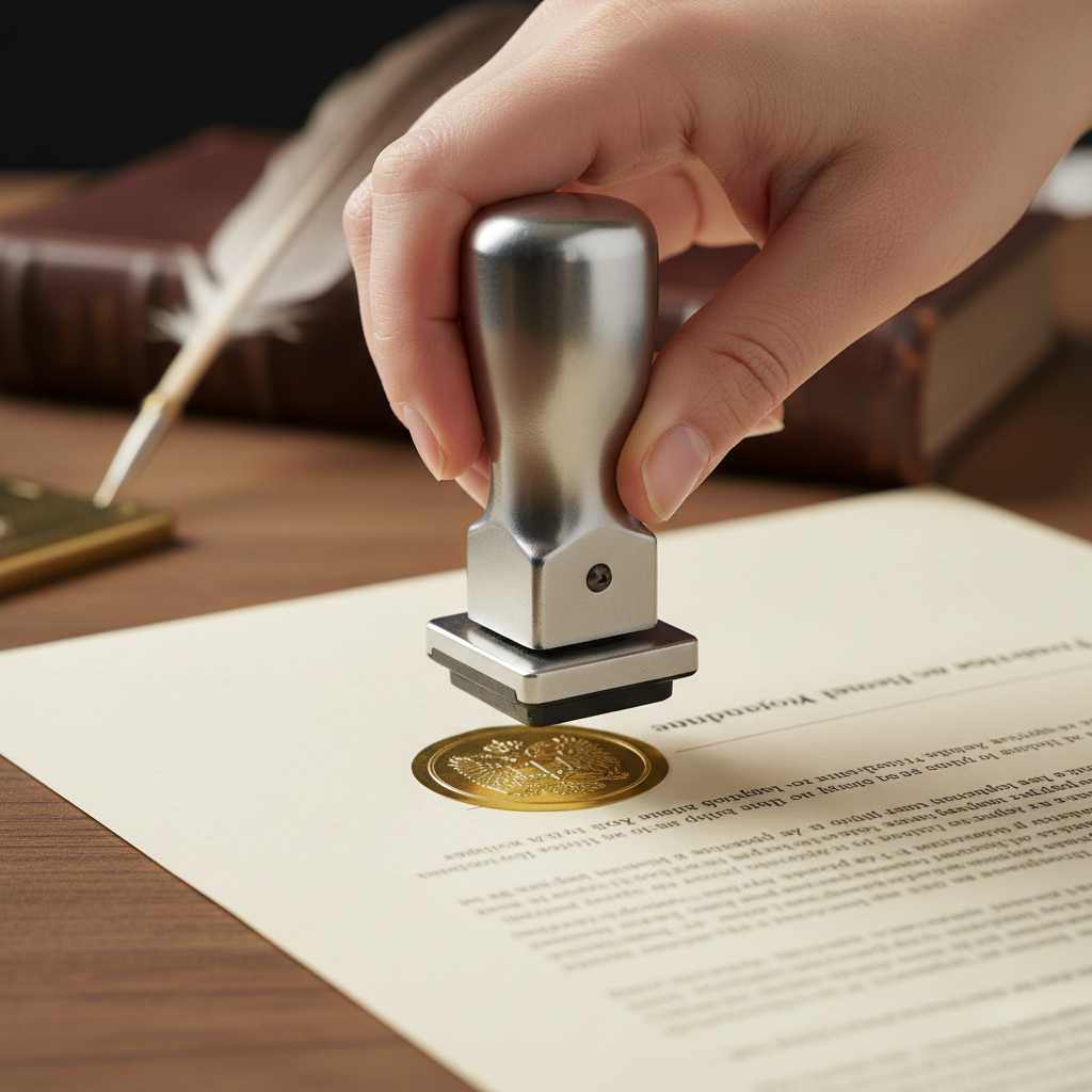 Close-up of notary embosser applying a gold seal on a statutory notary declaration document in Brampton office