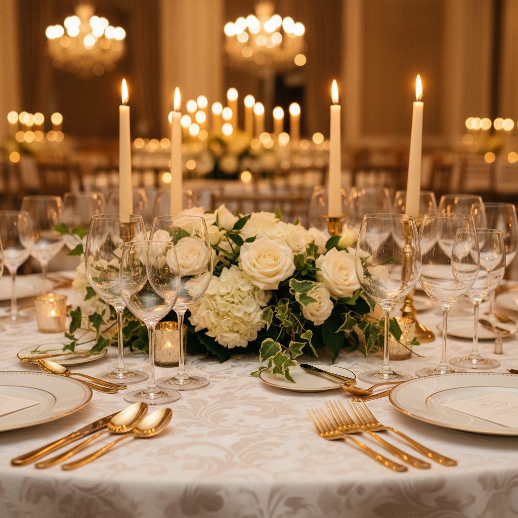 Elegant social event table setting with crystal glassware and gold flatware at a social event venue in Mississauga