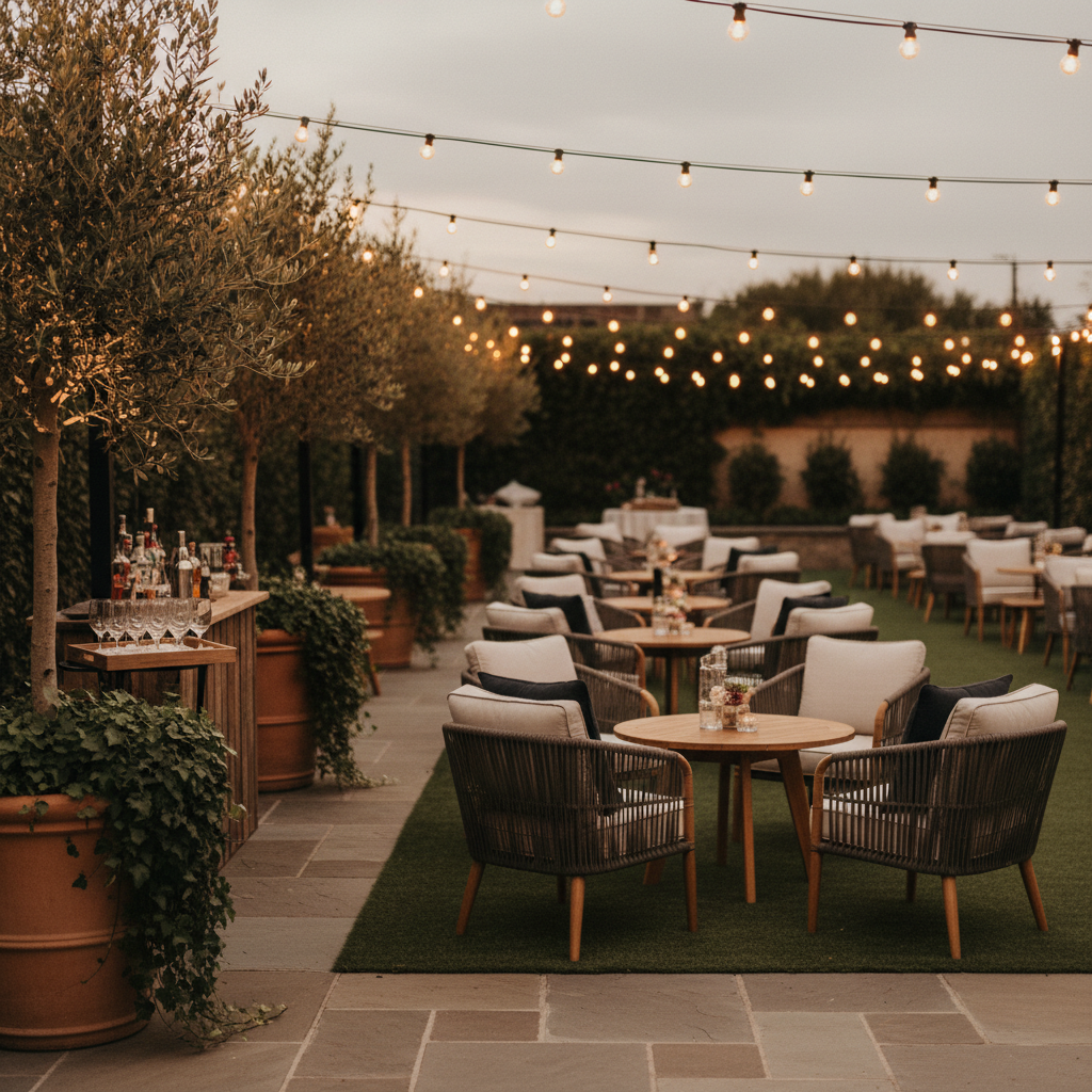 Outdoor patio reception scene at dusk with string lights at a Mississauga social event venue