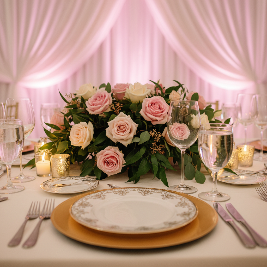 South Asian-inspired wedding table decor at a Mississauga event venue with gold chargers, roses, and candlelight