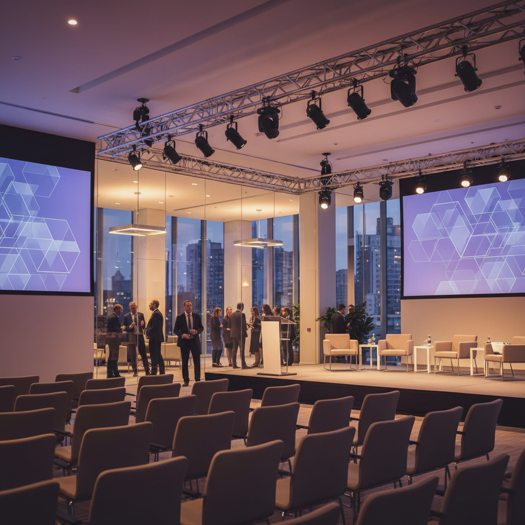 Corporate conference theater seating with dual screens and truss lighting at a Mississauga event venue