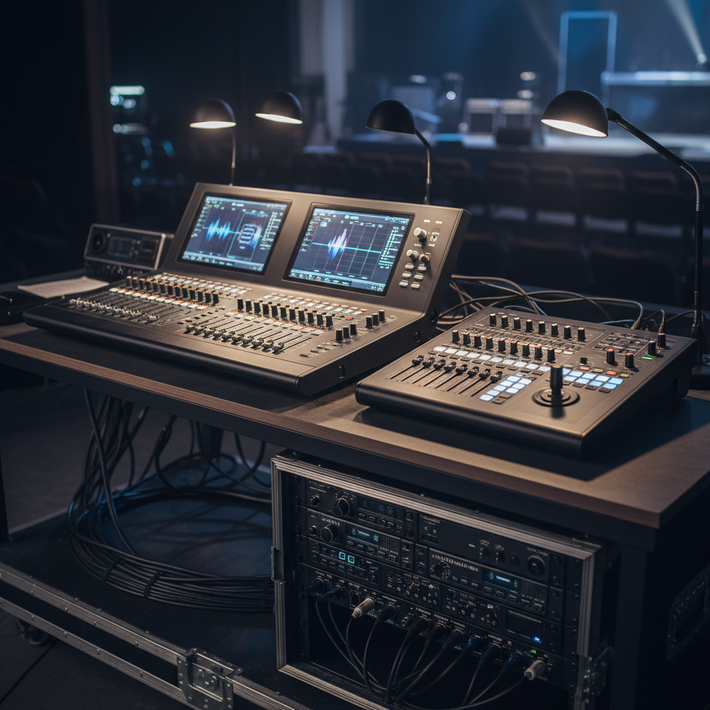 Close-up of professional AV control setup at a Mississauga conference center with mixing console, lighting board, and wireless microphones