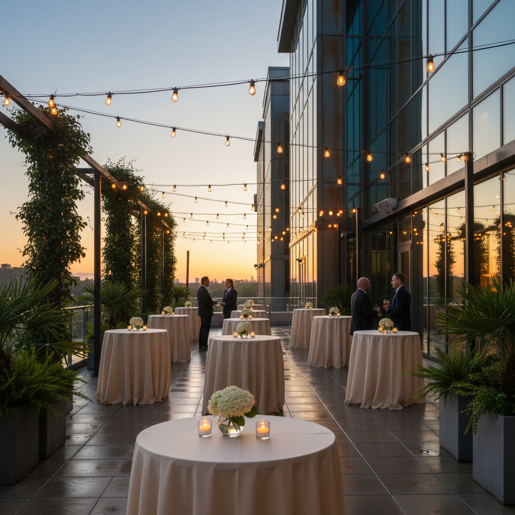 Evening outdoor patio setup at a Mississauga conference center with string lights and cocktail tables for a reception