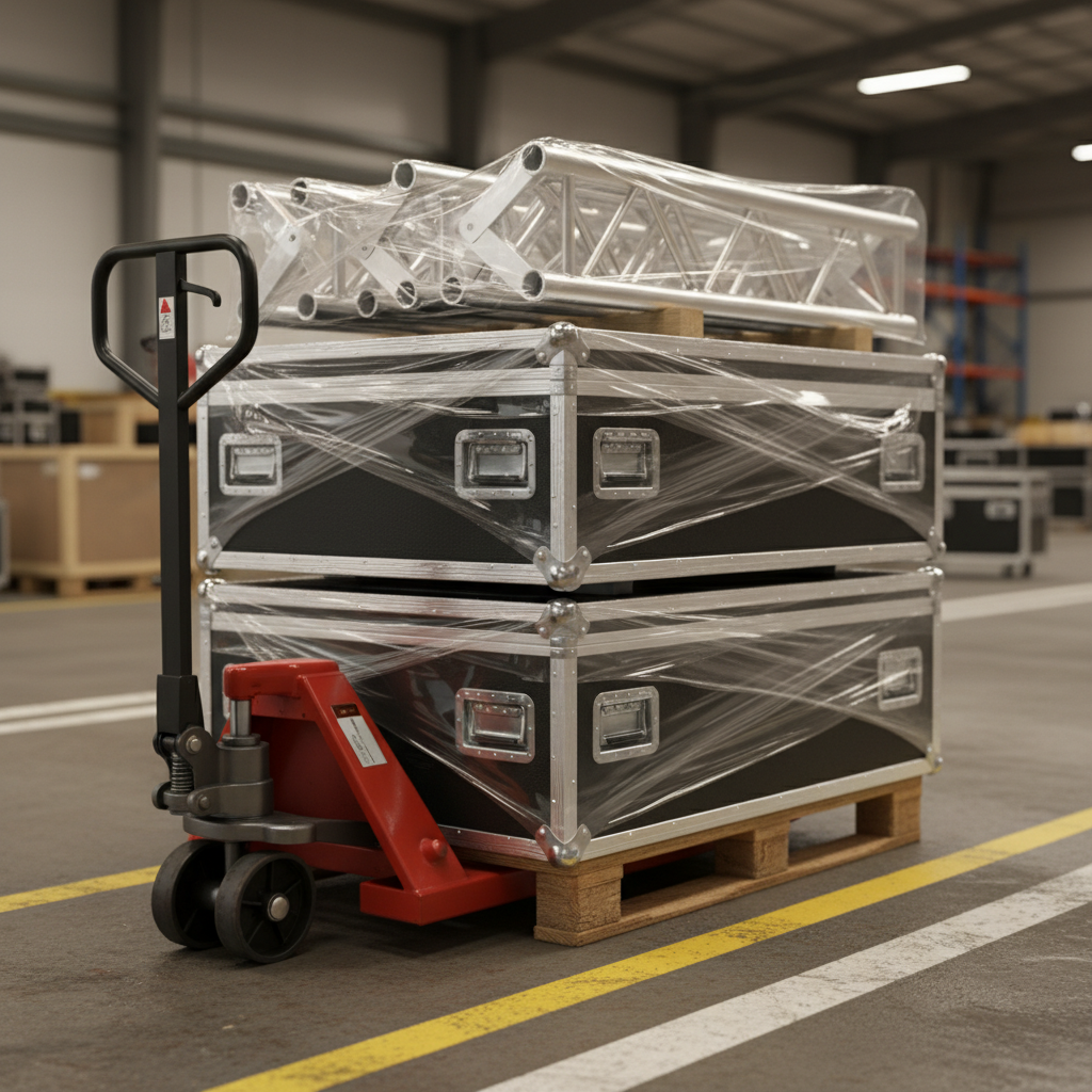 Close-up of pallet jack moving exhibit road cases and truss for trade show booth logistics
