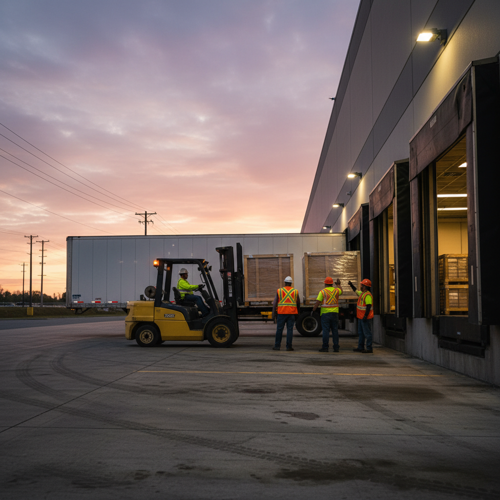 Loading dock scene at a convention venue showing forklift unloading trade show freight at dusk in Mississauga