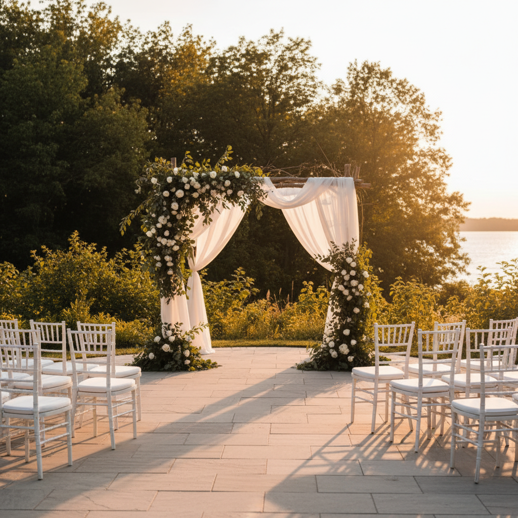 Outdoor wedding patio at a Mississauga venue with ceremony arch, chairs, and golden-hour light