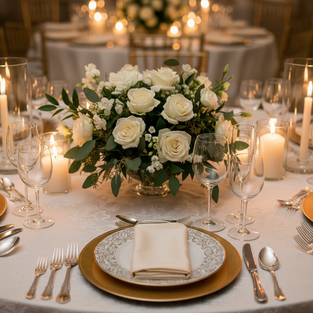 Detail of a refined wedding reception table setting in Mississauga with gold-rimmed plates, crystal glassware, and floral centerpiece