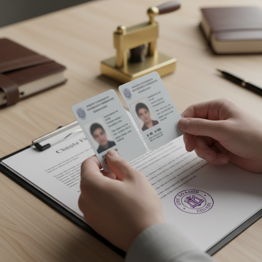 Close-up of IDs and notary seal during mobile notary services in Brampton