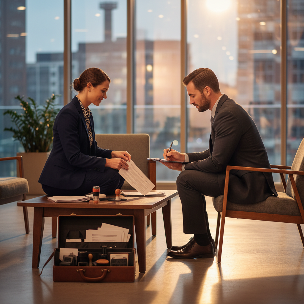 Mobile notary meeting client in a modern lobby in Brampton for on-the-go notarization