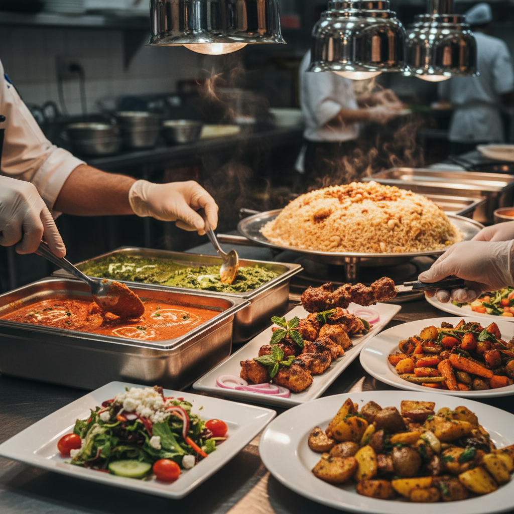 Chefs plating South Asian, Middle Eastern, and Continental dishes for in-house catering in Mississauga