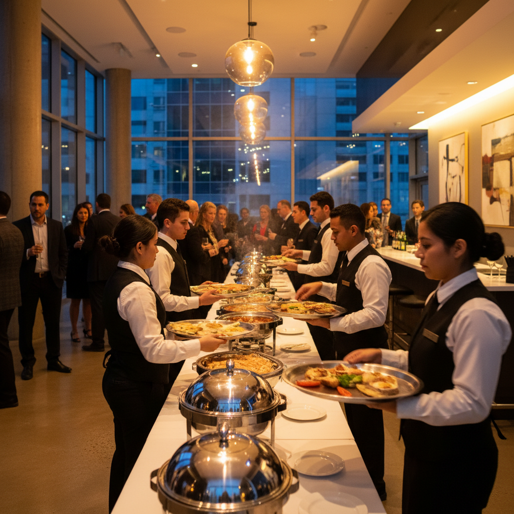Servers setting a buffet line during an evening reception at a modern Mississauga event venue