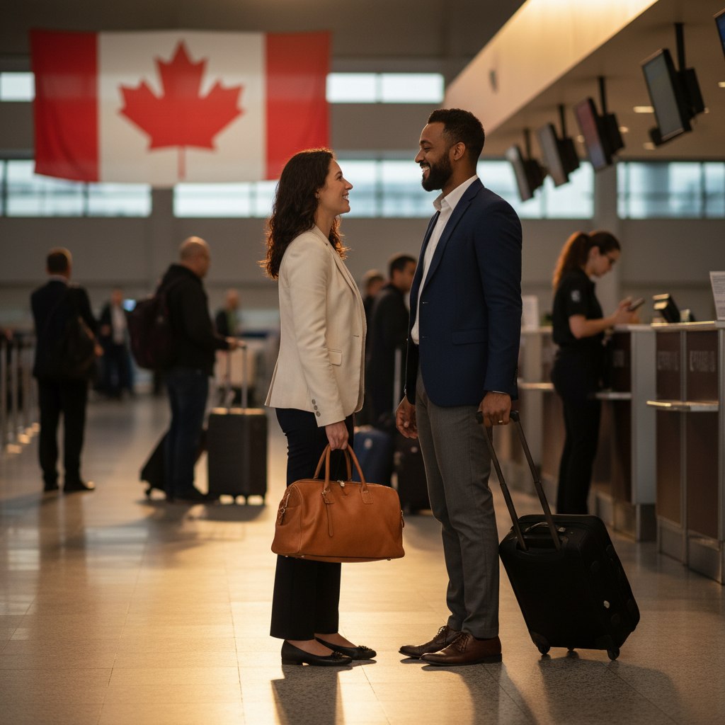 International airport scene symbolizing successful federal skilled worker applicants traveling to Canada