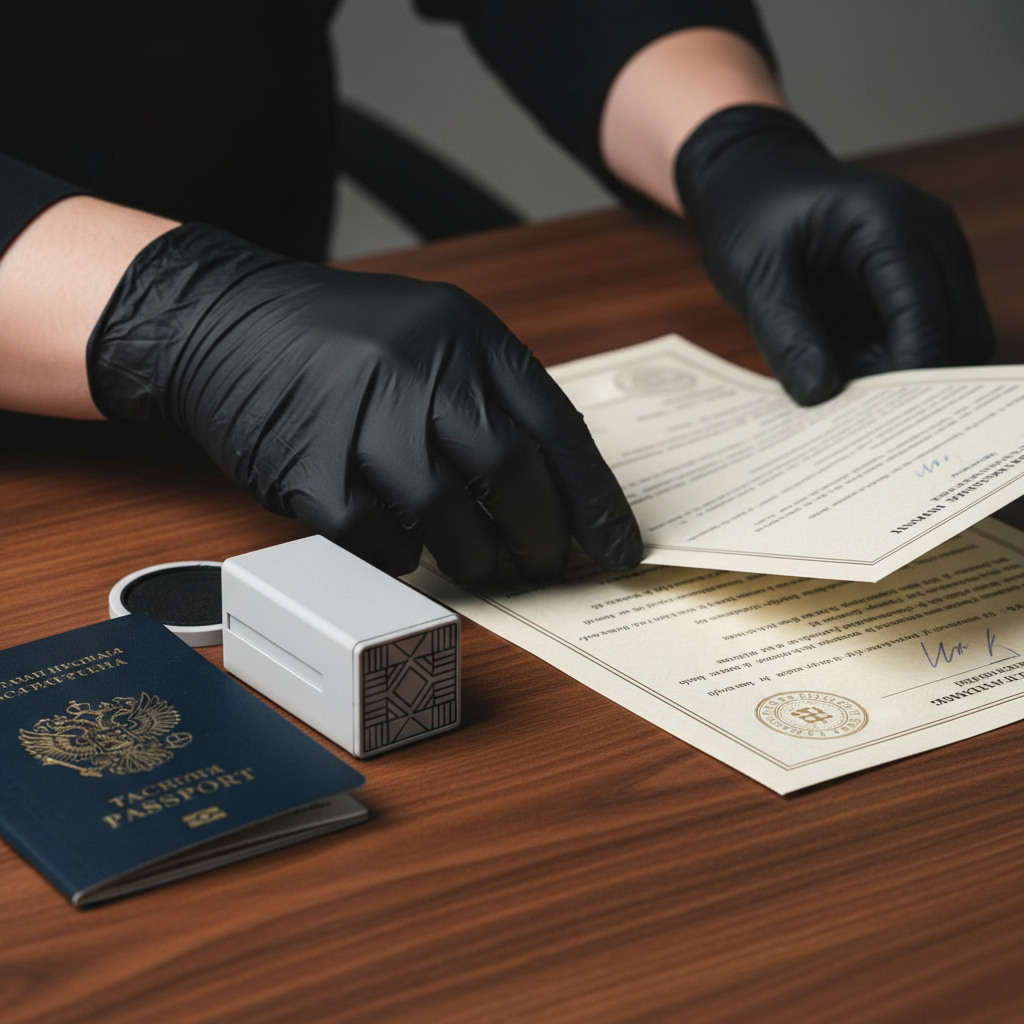 Close-up of documents and a biometric passport being organized for a federal skilled worker application