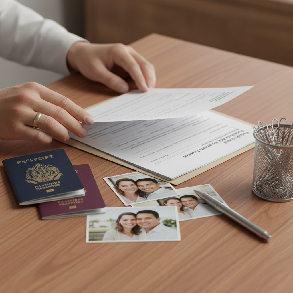 Close-up of spousal sponsorship application materials with passports, rings, and forms organized for a Canadian family sponsorship file