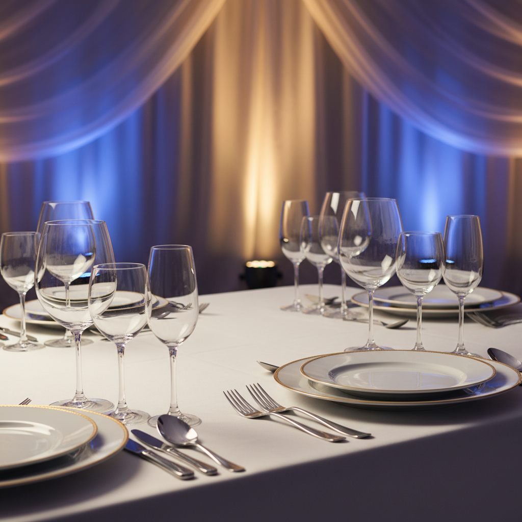 Close-up banquet table setting with crystal glassware and modern AV uplighting at a Mississauga banquet hall