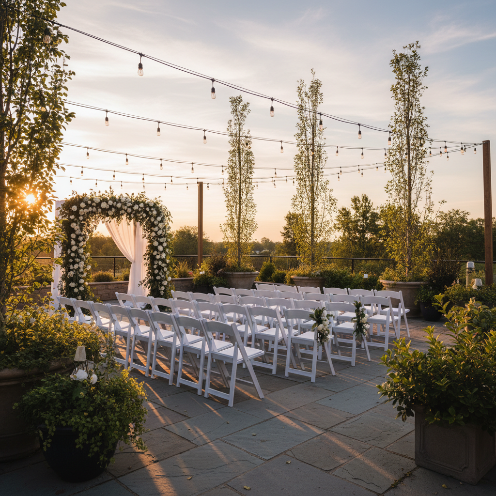 Outdoor patio wedding ceremony setup at a Mississauga banquet hall with floral arch and string lights at sunset