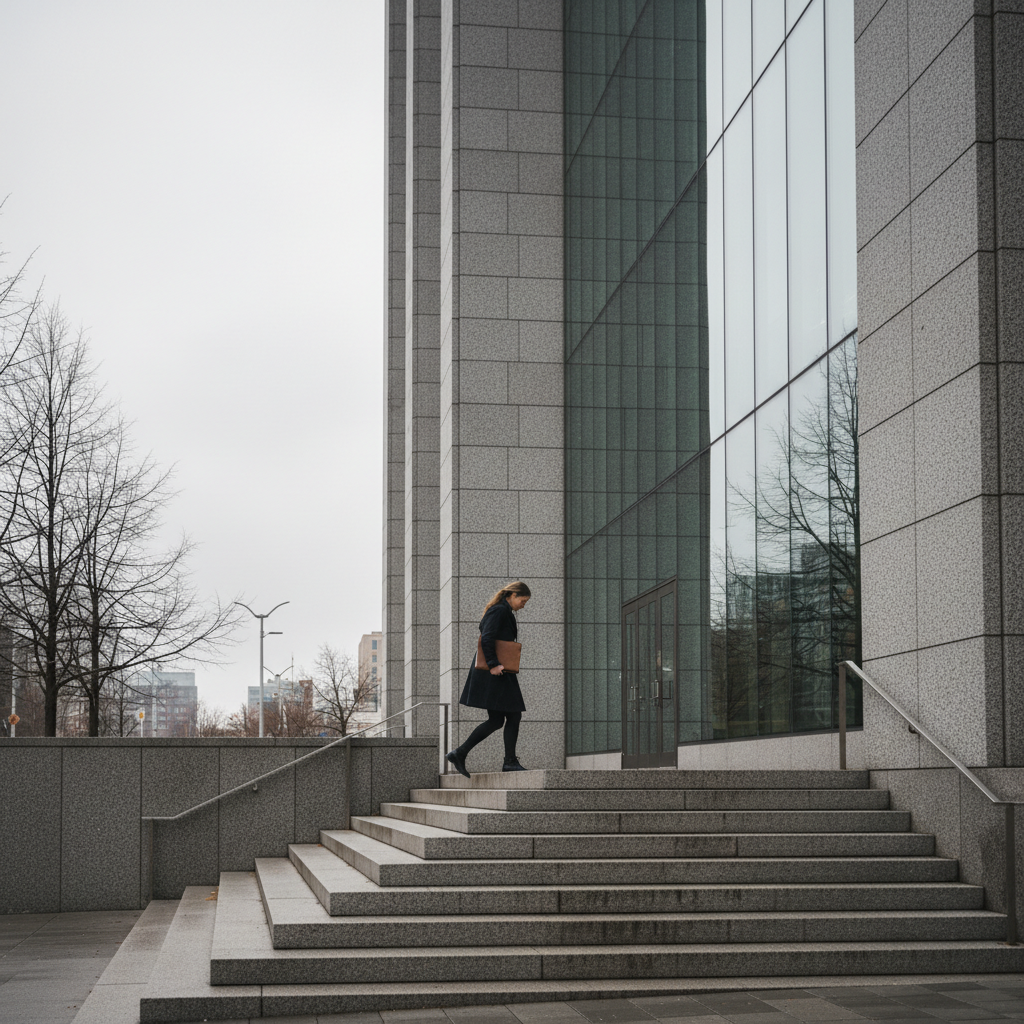 Person walking up courthouse steps in Canada, symbolizing the Federal Court judicial review path for immigration appeals