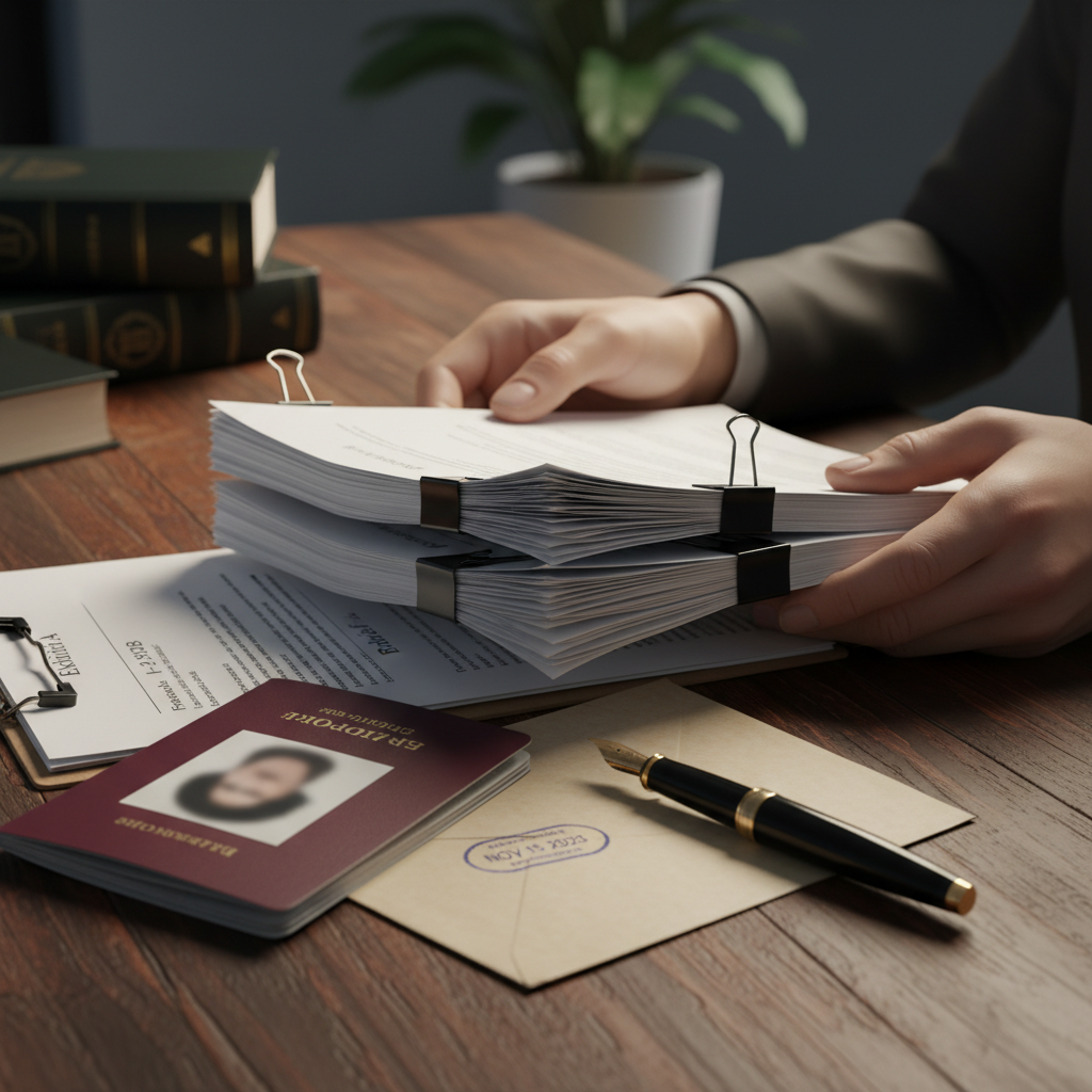 Close-up of organized immigration appeal documents, passport, and filings prepared by an immigration appeal attorney
