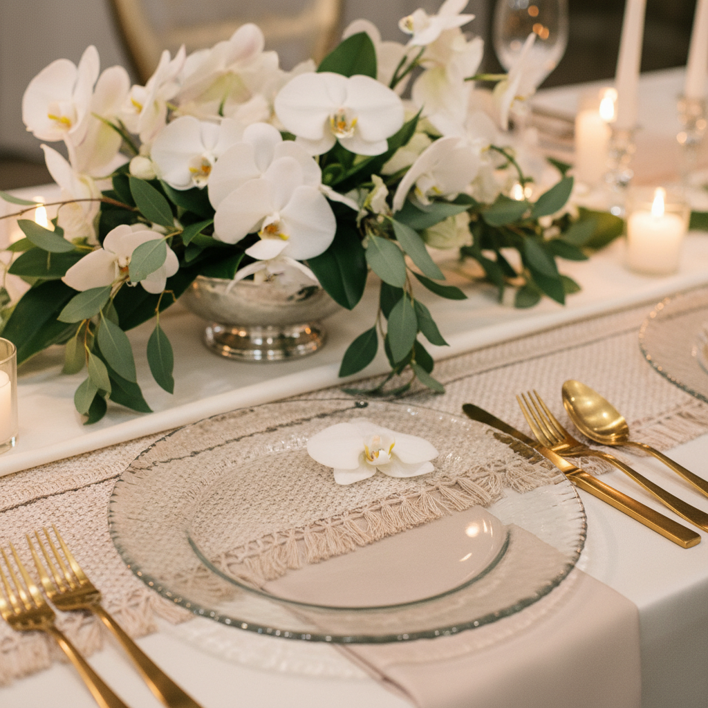 Close-up custom decor event ideas tablescape with textured linens, glass charger, gold flatware, and orchid centerpiece in Mississauga ballroom