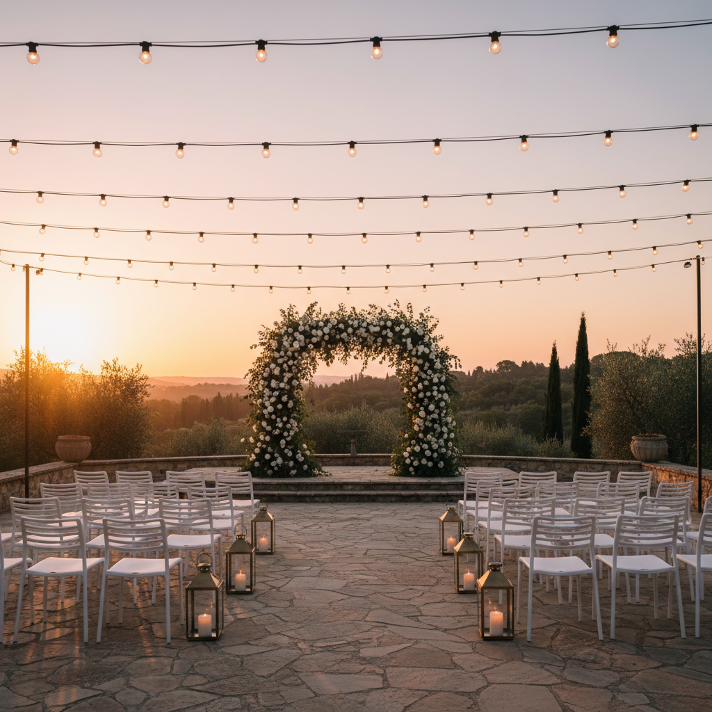 Outdoor patio custom decor event ideas at sunset with floral arch, lanterns, and string lights in Mississauga