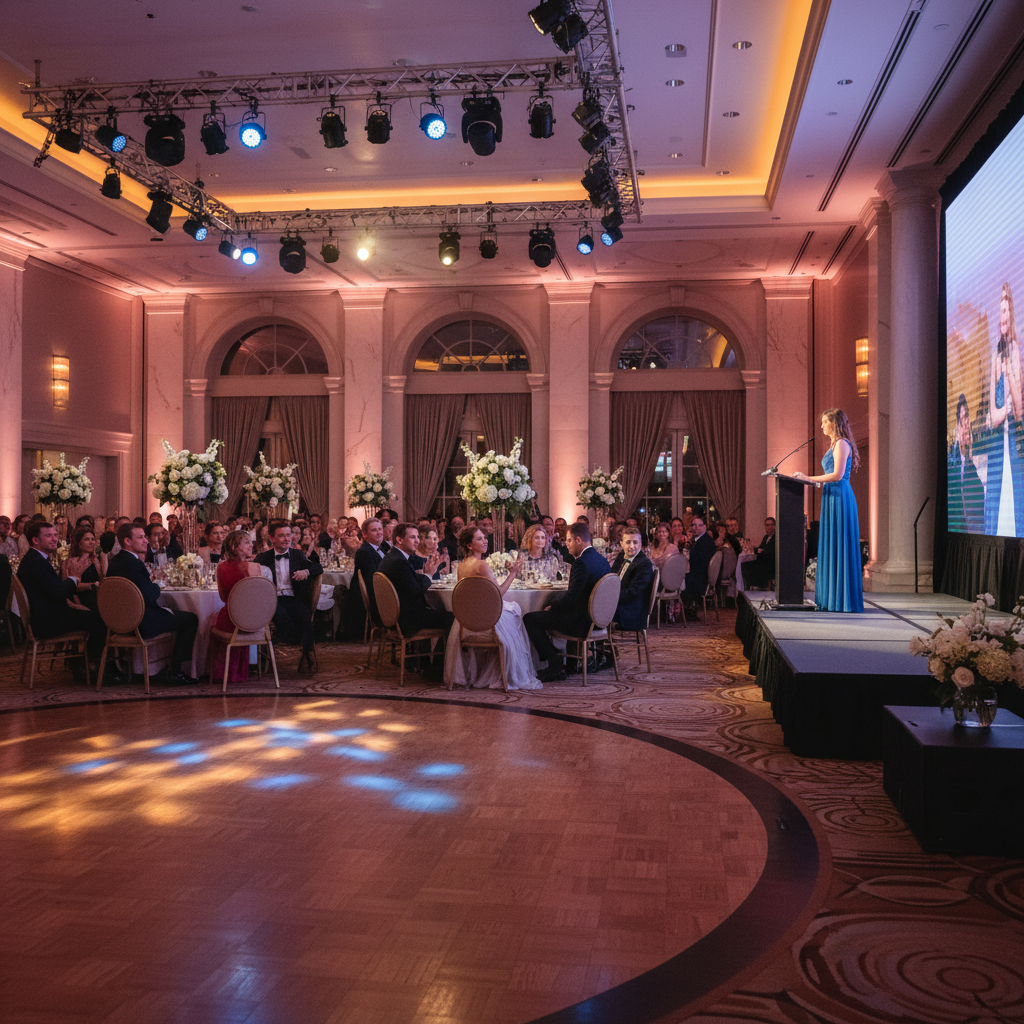 Banquet hall scene during speeches with moving head beams over dance floor and warm dining light