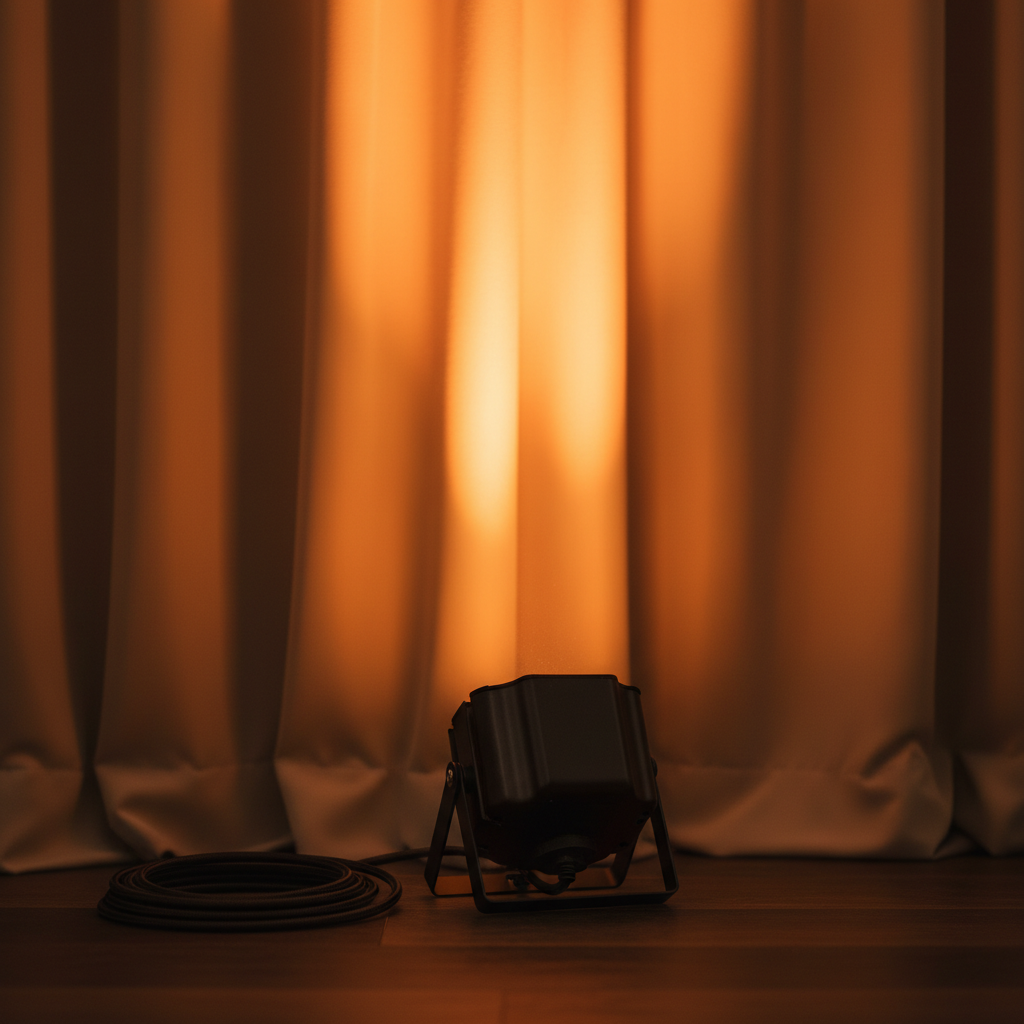 Close-up LED uplight casting amber wash on draped wall for banquet lighting design