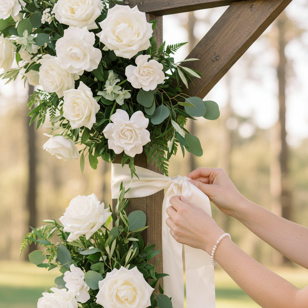 Close-up detail of a wedding arch ribbon being tied, illustrating pre-ceremony setup time in a wedding ceremony timeline