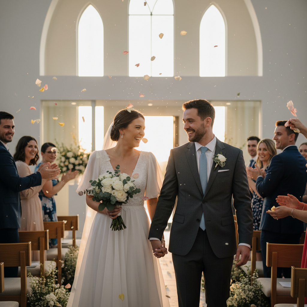 Newlyweds recessional with petals tossed, showing the joyful finale step in a wedding ceremony timeline