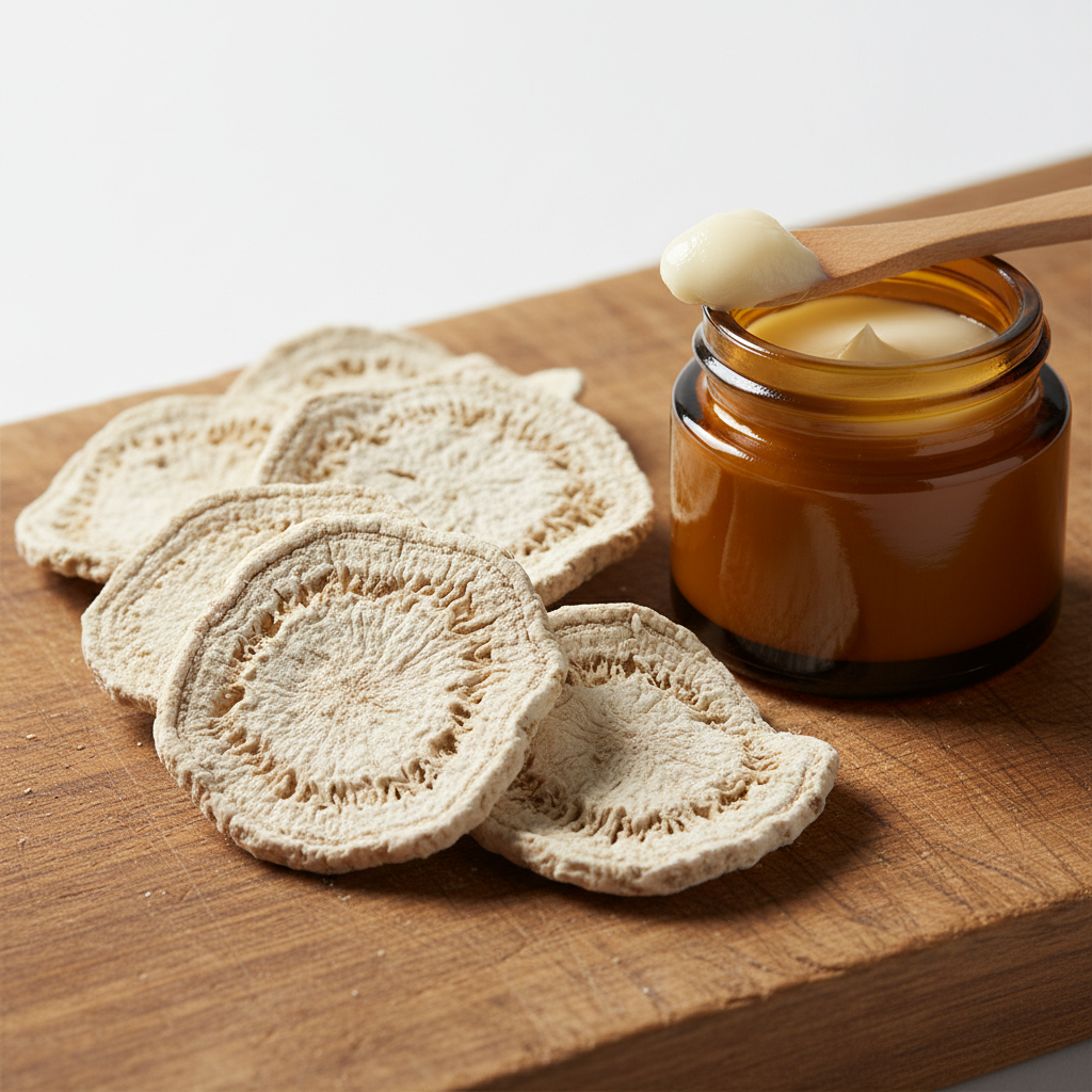 Close-up of dried orris root and creamy orris butter highlighting the powdery, buttery, woody character of the orris scent
