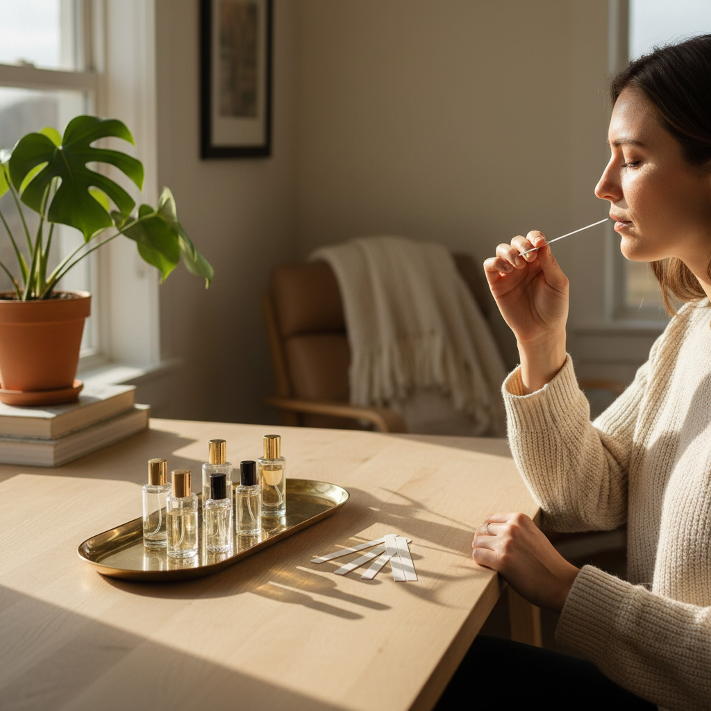 Testing orris perfumes with discovery-sized vials and blotter strips to find a personal signature