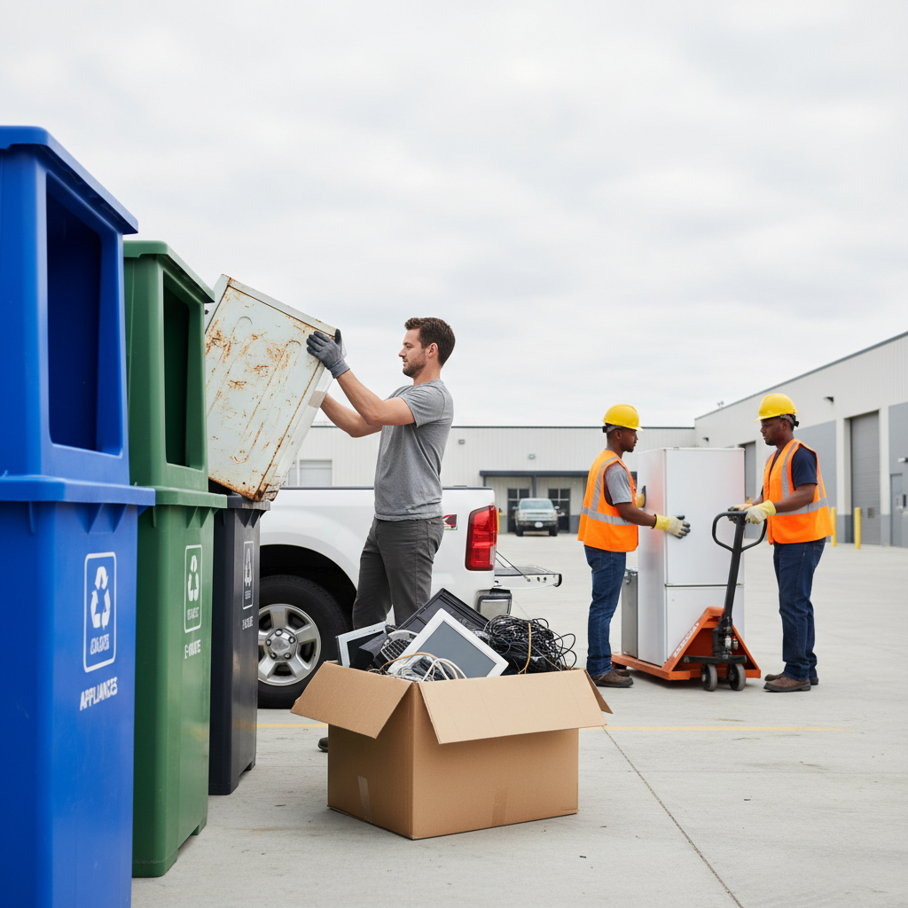 Customer unloading appliances and e-waste at an Etobicoke drop-off to optimize scrap metal values