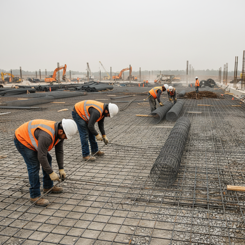 Ironworkers tying rebar and placing welded wire mesh on a commercial slab, organized by bundle tags and pour sequence