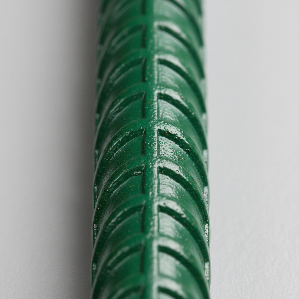 Close-up of epoxy-coated reinforcing steel bar showing green coating and ribbed texture for corrosion protection