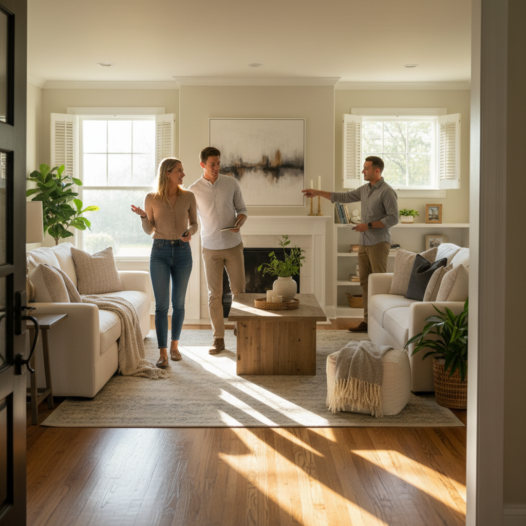 Home viewing scene showing how to sell property with scheduled tours and direct communication