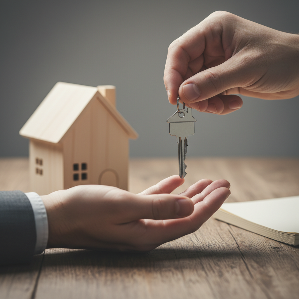 Close-up key handoff symbolizing how to sell property efficiently with Houseup