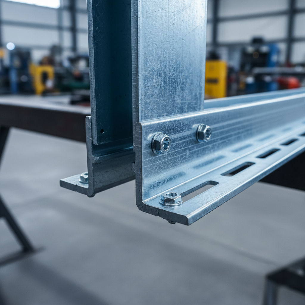 Close-up of heavy gauge steel stud seated in a slotted deflection track with fasteners, showing galvanized coating and gauge thickness detail