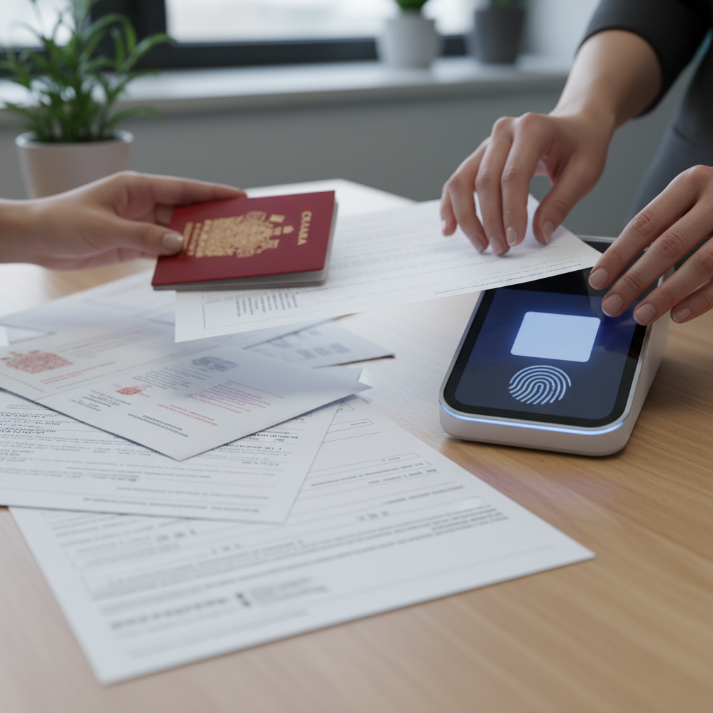 Close-up of hands organizing Canadian immigration documents for a work permit application with an immigration lawyer